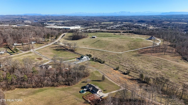 birds eye view of property with a mountain view and a rural view