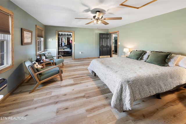 bedroom featuring ceiling fan, a closet, a walk in closet, and light hardwood / wood-style flooring