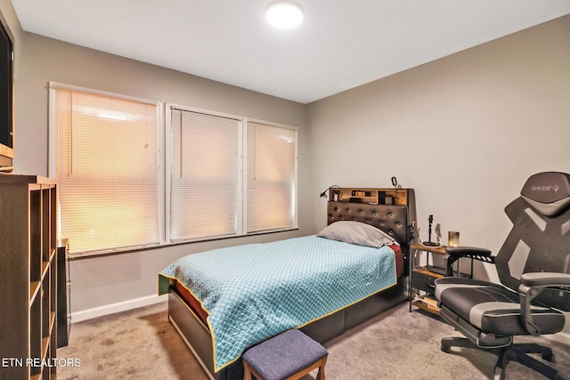 bedroom with light carpet