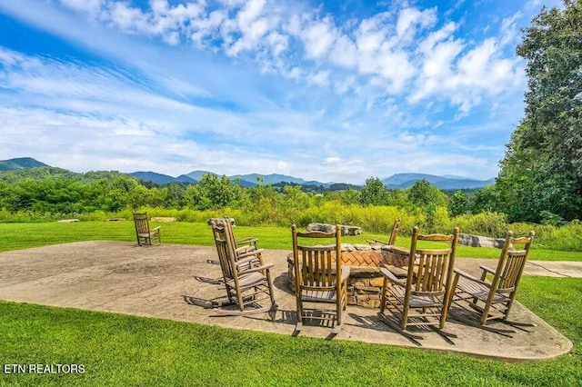 view of patio with a mountain view