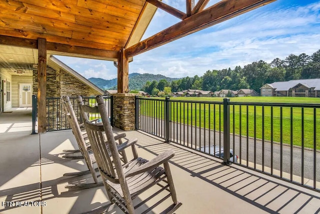 view of patio with a mountain view