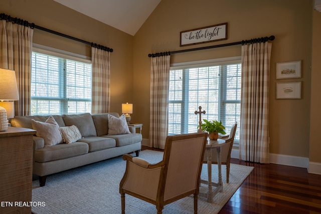 living room featuring plenty of natural light, dark wood-type flooring, and lofted ceiling