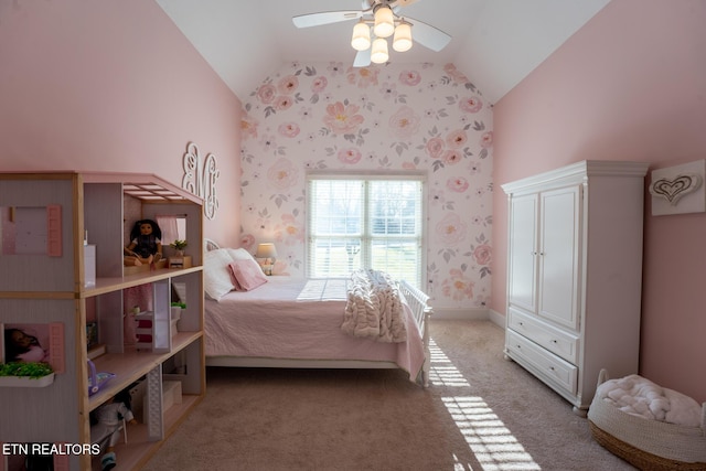 bedroom featuring light carpet, high vaulted ceiling, and ceiling fan