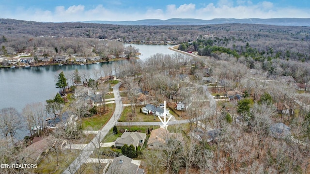 birds eye view of property with a water and mountain view