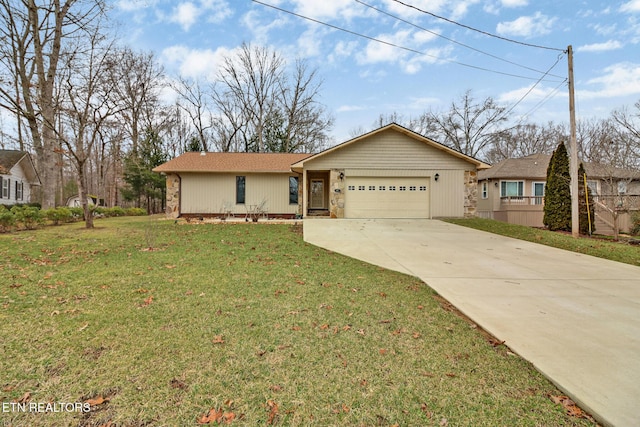 single story home featuring an attached garage, stone siding, a front lawn, and concrete driveway