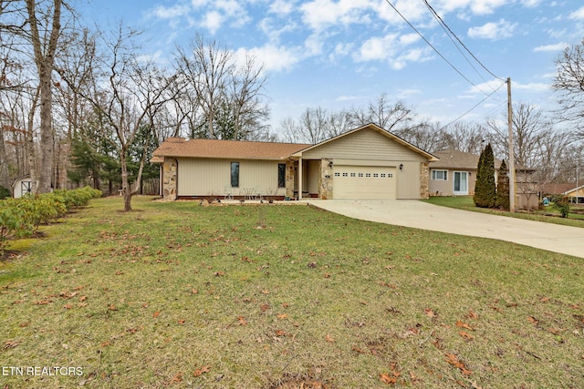 ranch-style home with a garage, concrete driveway, stone siding, and a front lawn