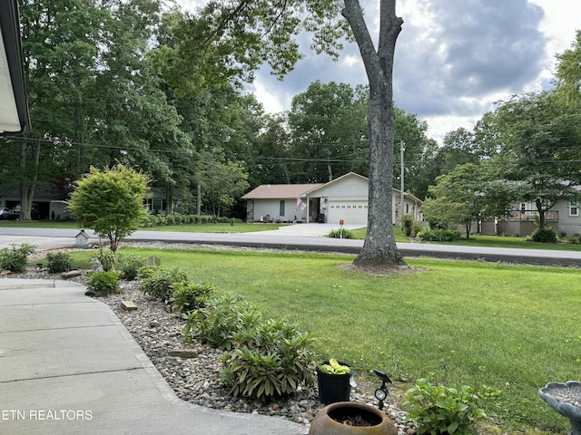 view of yard with driveway and an attached garage