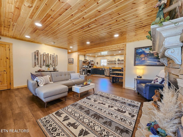 living area featuring recessed lighting, baseboards, wood finished floors, and wooden ceiling