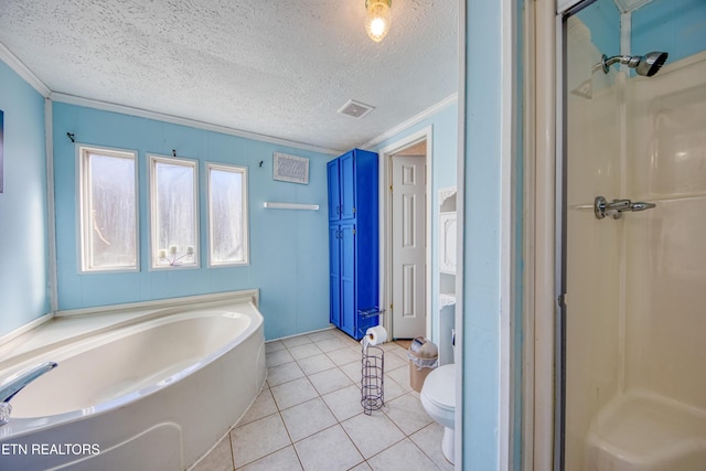 bathroom featuring toilet, a textured ceiling, ornamental molding, independent shower and bath, and tile patterned flooring