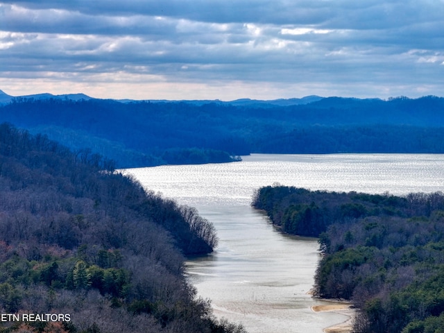 aerial view with a water and mountain view