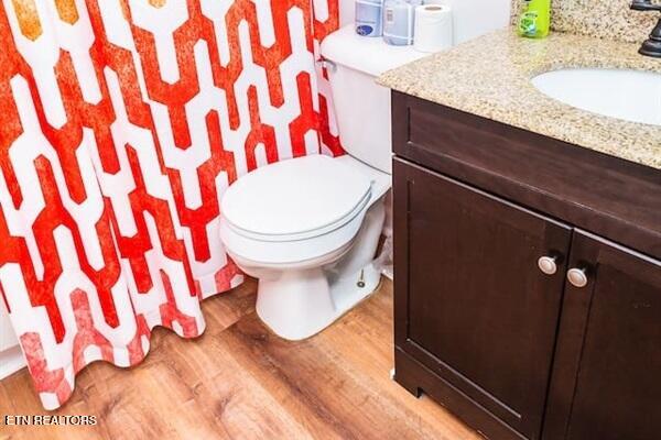 bathroom with vanity, toilet, and wood finished floors