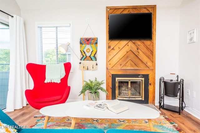 living area with wood finished floors and a glass covered fireplace