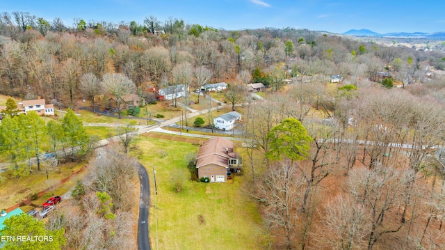 drone / aerial view featuring a mountain view