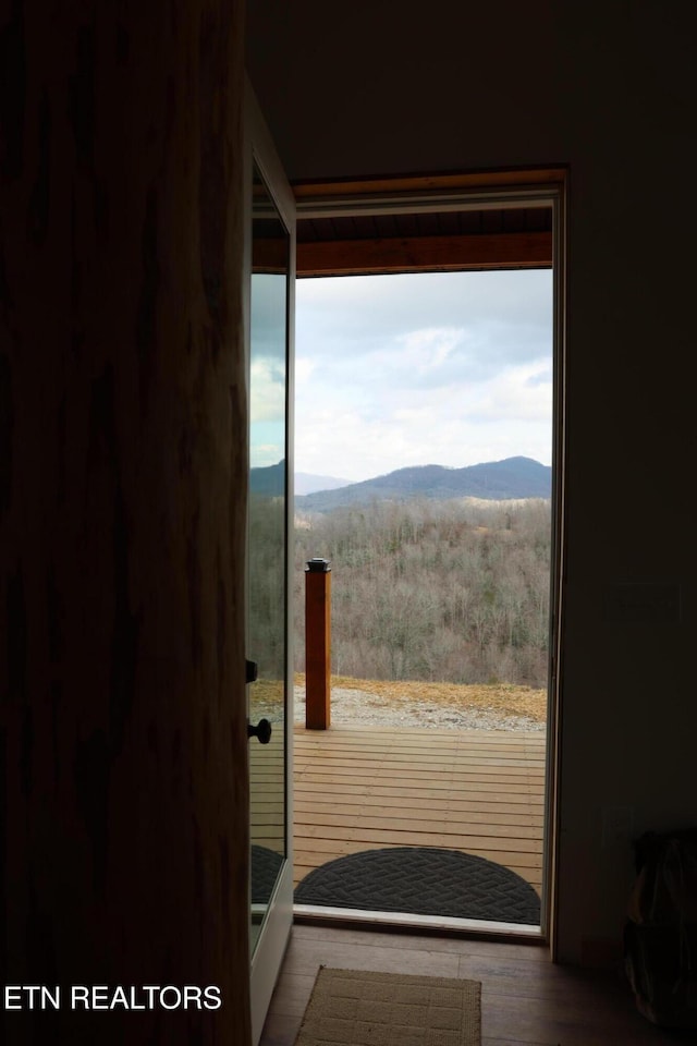 doorway to outside with a mountain view