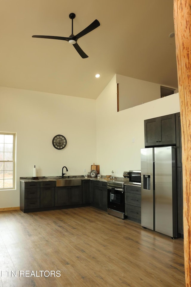 kitchen featuring sink, light hardwood / wood-style flooring, stainless steel appliances, and high vaulted ceiling