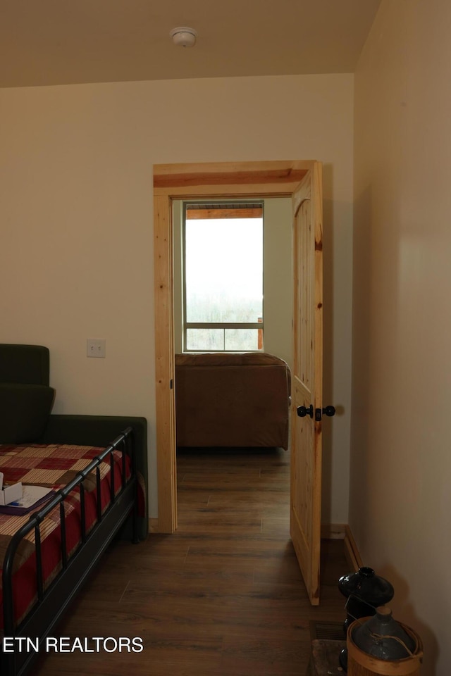 bedroom with dark hardwood / wood-style floors