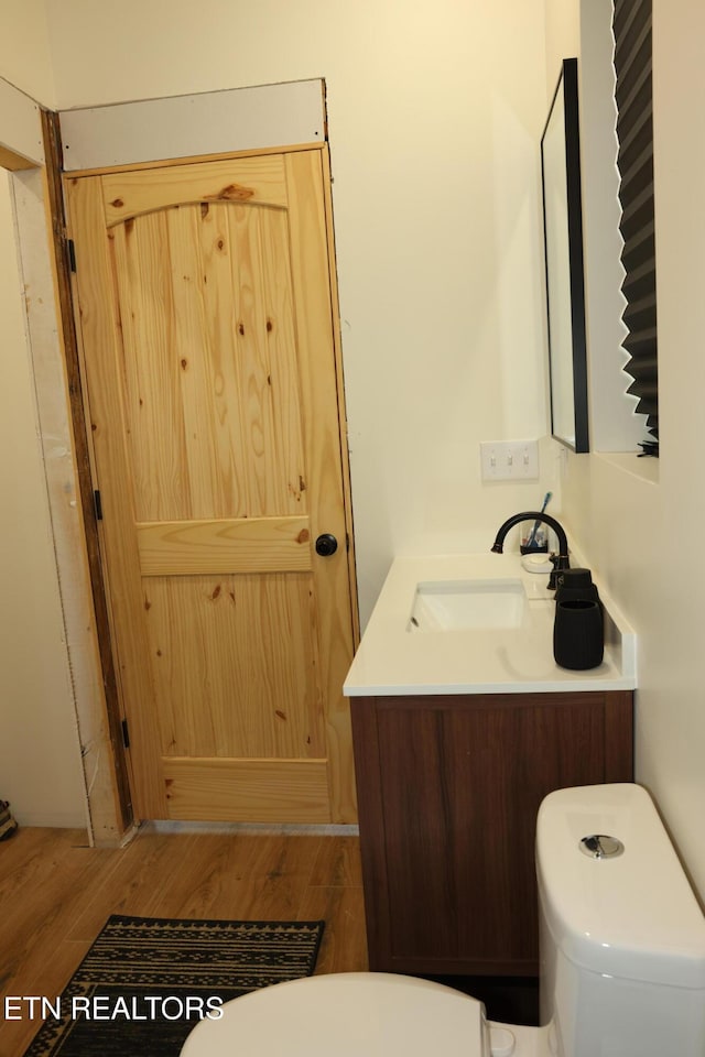 bathroom with vanity, wood-type flooring, and toilet