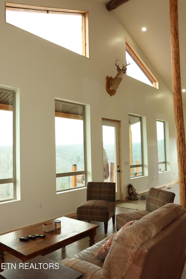 living room with beamed ceiling and high vaulted ceiling