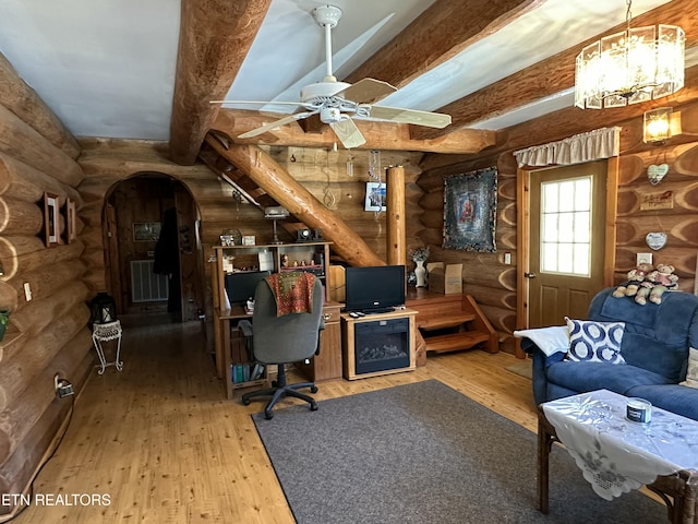 office space featuring arched walkways, beam ceiling, wood-type flooring, visible vents, and ceiling fan with notable chandelier