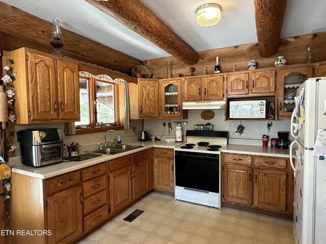 kitchen with light floors, visible vents, a sink, white appliances, and under cabinet range hood