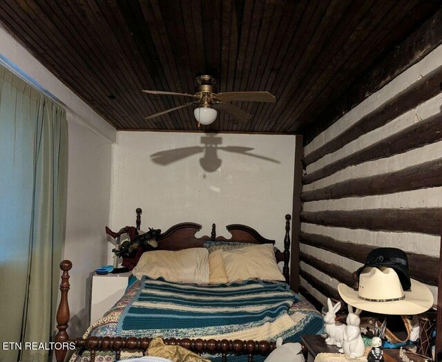 bedroom featuring wood ceiling and a ceiling fan