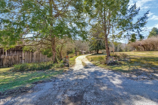 view of street with gravel driveway