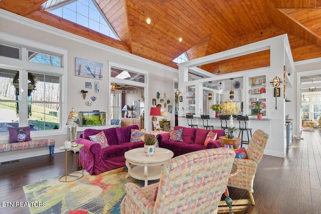 living room with high vaulted ceiling, wooden ceiling, and dark wood finished floors