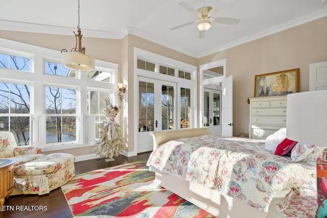 bedroom with dark wood-style flooring, french doors, lofted ceiling, ornamental molding, and baseboards