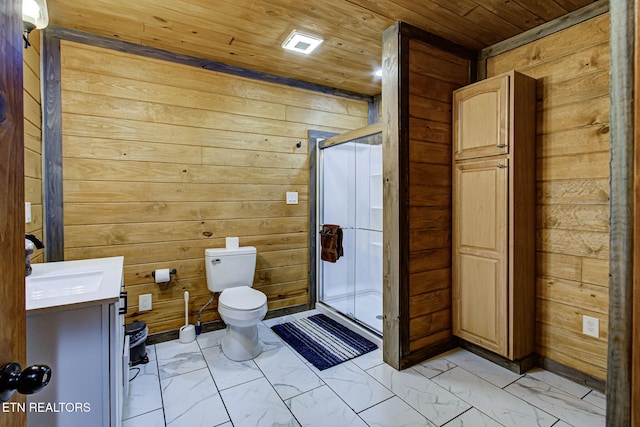 bathroom with wooden walls, vanity, an enclosed shower, wood ceiling, and toilet