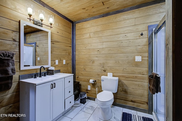 bathroom featuring wooden walls, vanity, walk in shower, toilet, and wooden ceiling