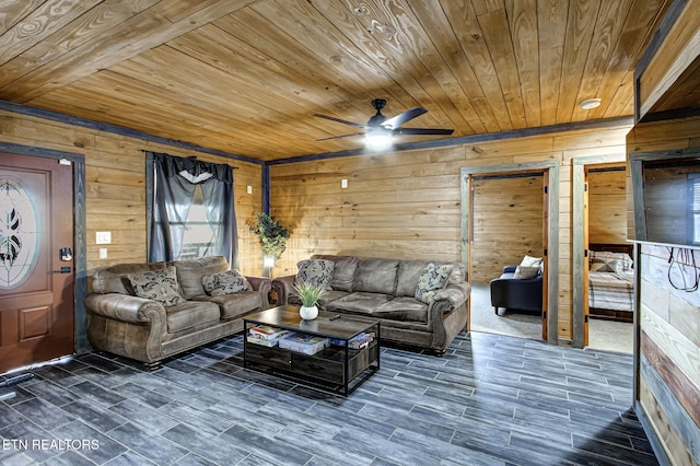 living room with wooden ceiling