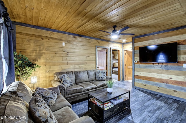 living room with ceiling fan, wood ceiling, dark hardwood / wood-style flooring, and wood walls