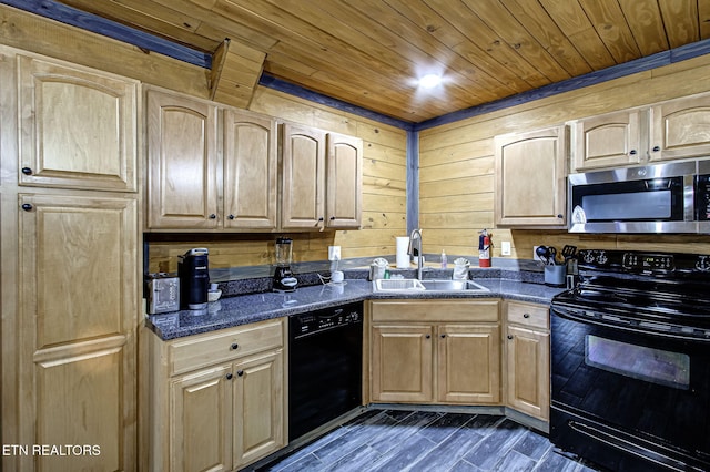 kitchen with sink, wood walls, wood ceiling, dark hardwood / wood-style floors, and black appliances