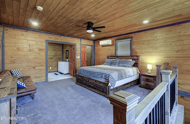 carpeted bedroom with ceiling fan, a wall mounted AC, wood ceiling, and wood walls