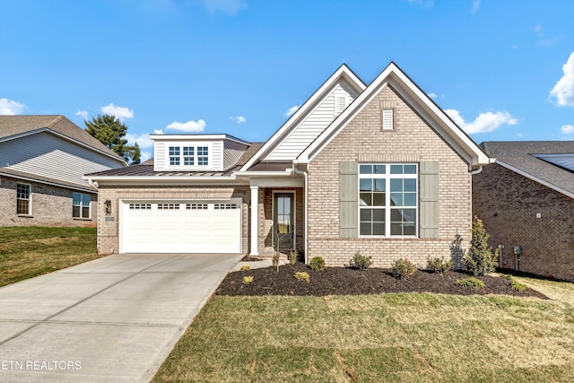 view of front facade featuring driveway, an attached garage, a front yard, metal roof, and brick siding