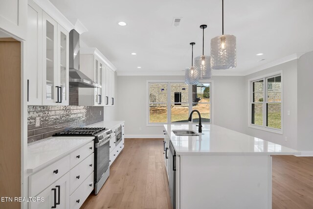 kitchen with tasteful backsplash, crown molding, stainless steel appliances, wall chimney exhaust hood, and a sink