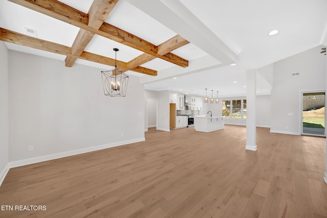 unfurnished living room with beam ceiling, light wood-style flooring, visible vents, and a chandelier