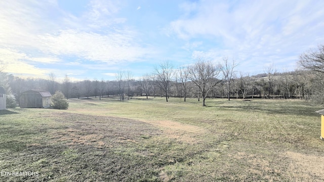 view of yard with a rural view and a storage unit