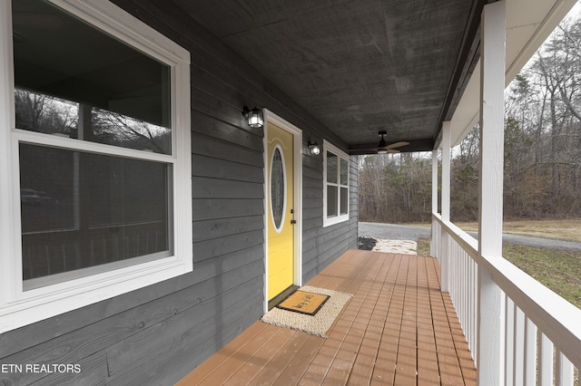 view of patio / terrace featuring ceiling fan and covered porch