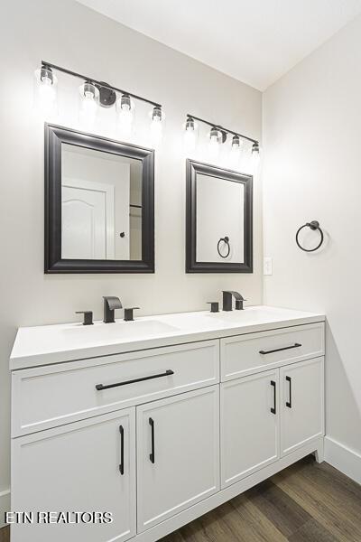 bathroom with vanity and hardwood / wood-style flooring