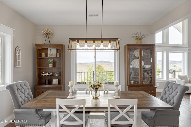 dining space with a mountain view, plenty of natural light, wood finished floors, and visible vents