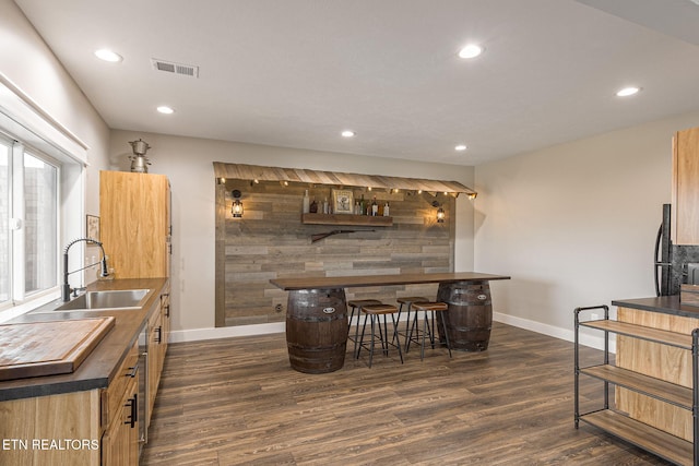 bar featuring baseboards, visible vents, dark wood-type flooring, a sink, and recessed lighting