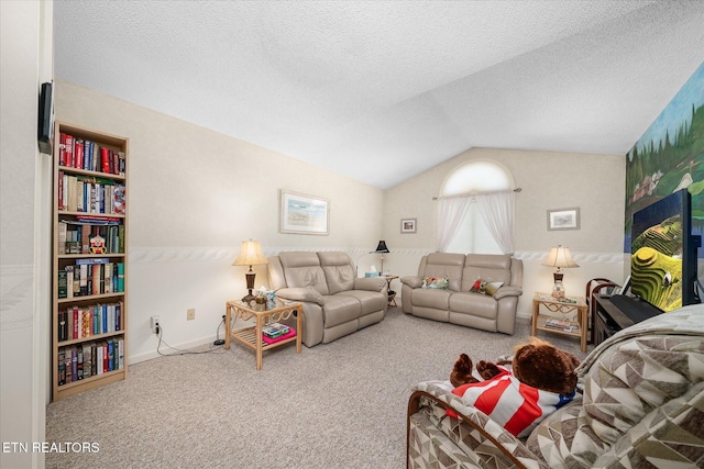 living area featuring lofted ceiling, a textured ceiling, carpet, and baseboards