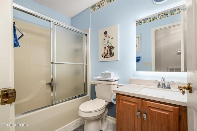 full bath with visible vents, combined bath / shower with glass door, vanity, and toilet