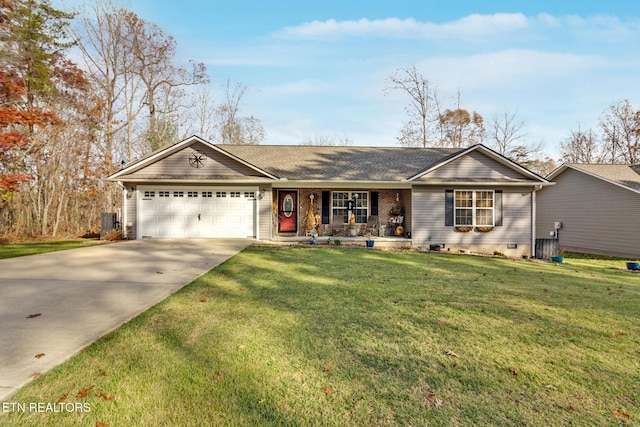 ranch-style home featuring a garage, central AC unit, and a front yard