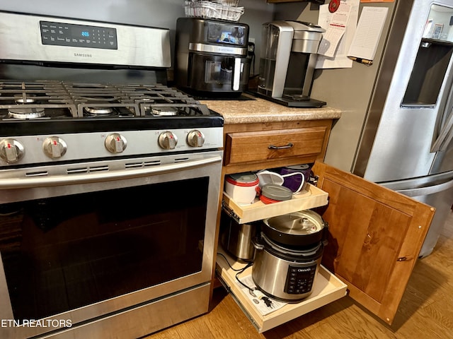 kitchen with stainless steel appliances and light hardwood / wood-style flooring