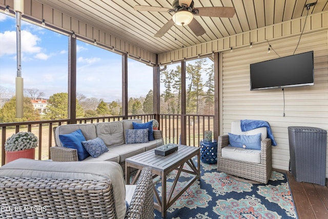 sunroom featuring ceiling fan and wooden ceiling