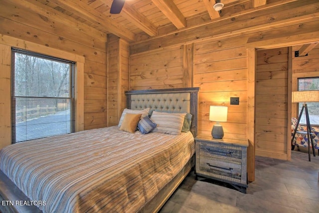 bedroom featuring wooden walls, beam ceiling, and wooden ceiling