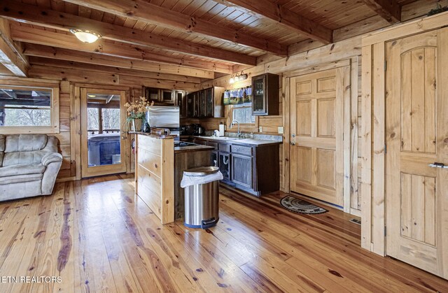 kitchen with a kitchen island, wood ceiling, dark brown cabinetry, and light hardwood / wood-style flooring