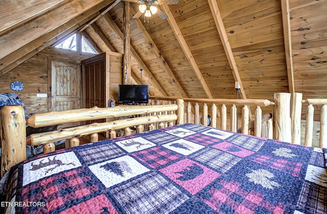 unfurnished bedroom with vaulted ceiling with beams, wooden ceiling, and wood walls